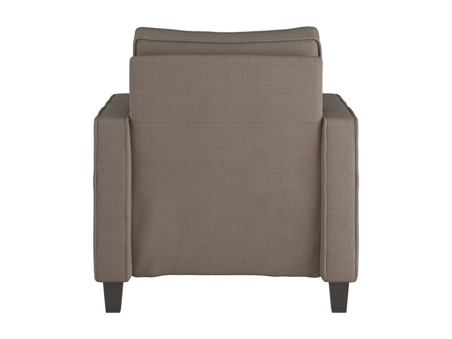 Mid-century modern arm chair in taupe with wooden legs, featuring a cushioned seat and backrest, upholstered in soft fabric with a minimalist design. Perfect for living rooms or office spaces.