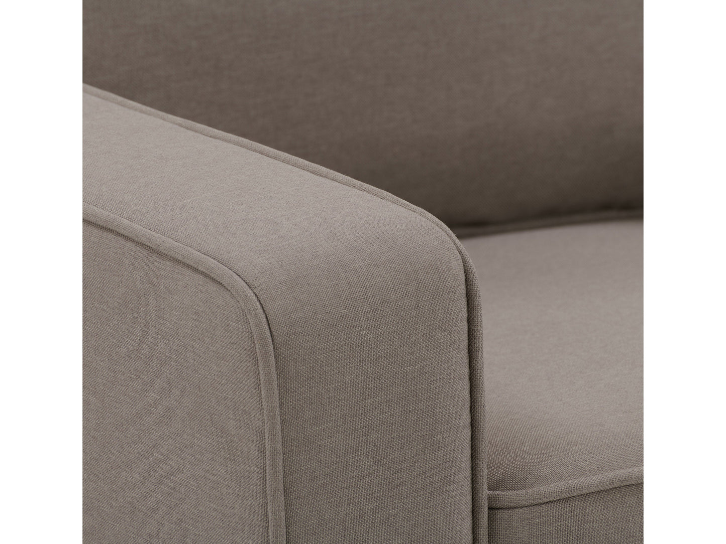 Taupe 2-seater loveseat with plush cushions, sleek wooden legs, and soft fabric upholstery; perfect for modern living rooms.