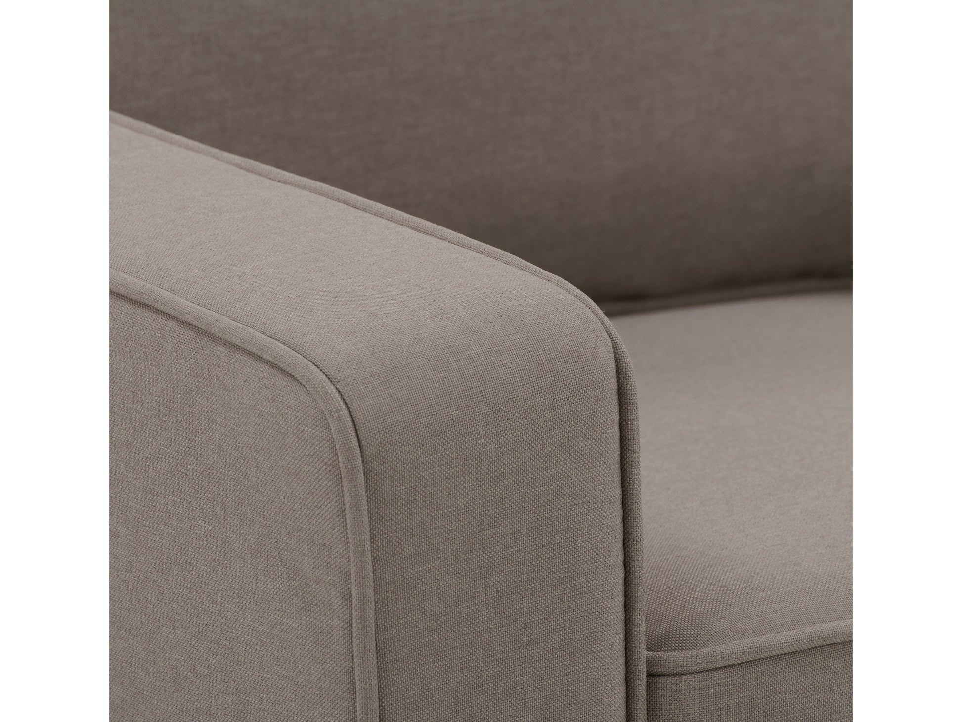 Taupe 2-seater loveseat with plush cushions, sleek wooden legs, and soft fabric upholstery; perfect for modern living rooms.