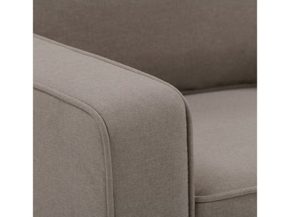 Taupe 2-seater loveseat with plush cushions, sleek wooden legs, and soft fabric upholstery; perfect for modern living rooms.