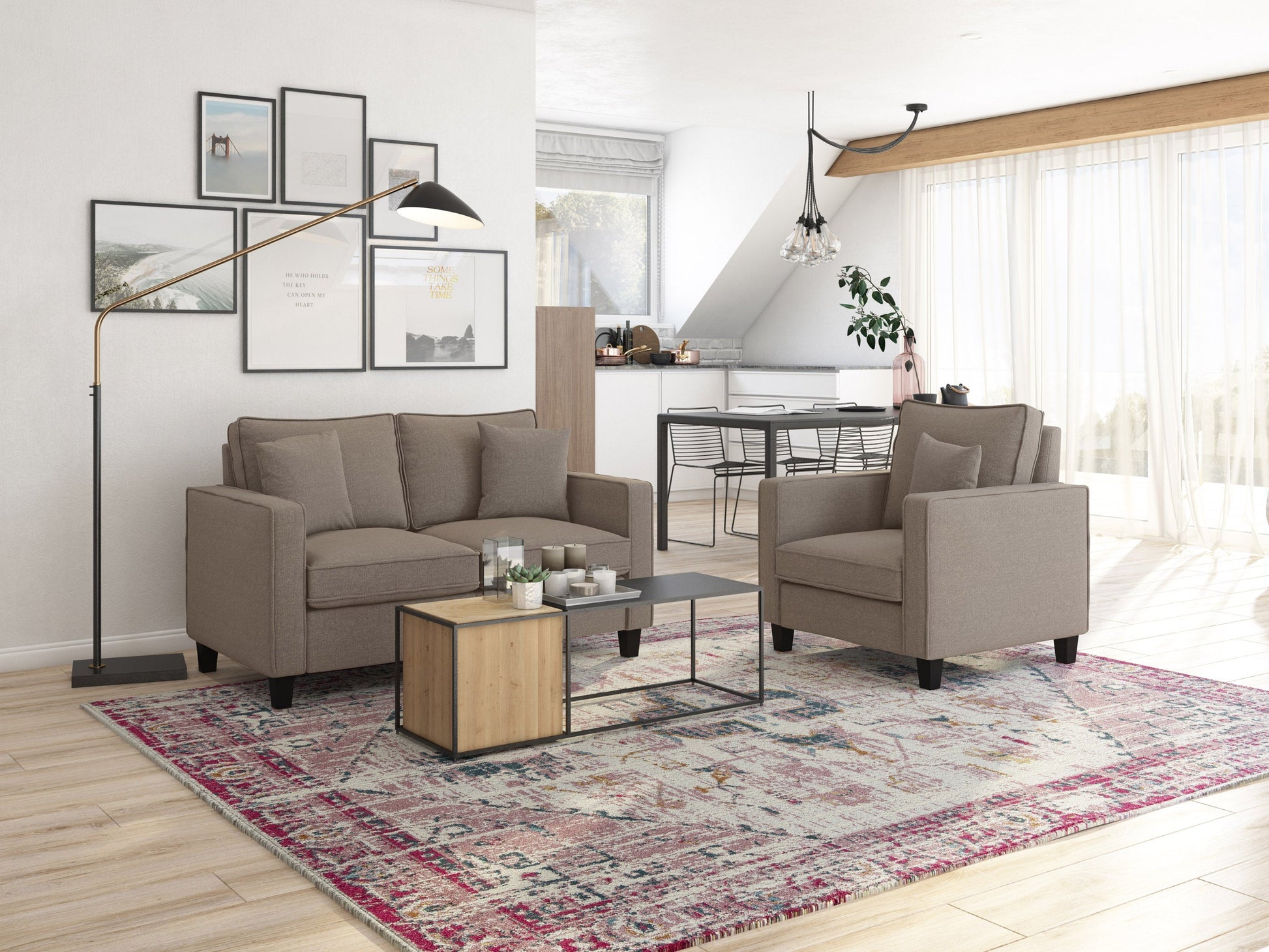 Taupe 2-seater loveseat with plush cushions, sleek wooden legs, and soft fabric upholstery; perfect for modern living rooms.
