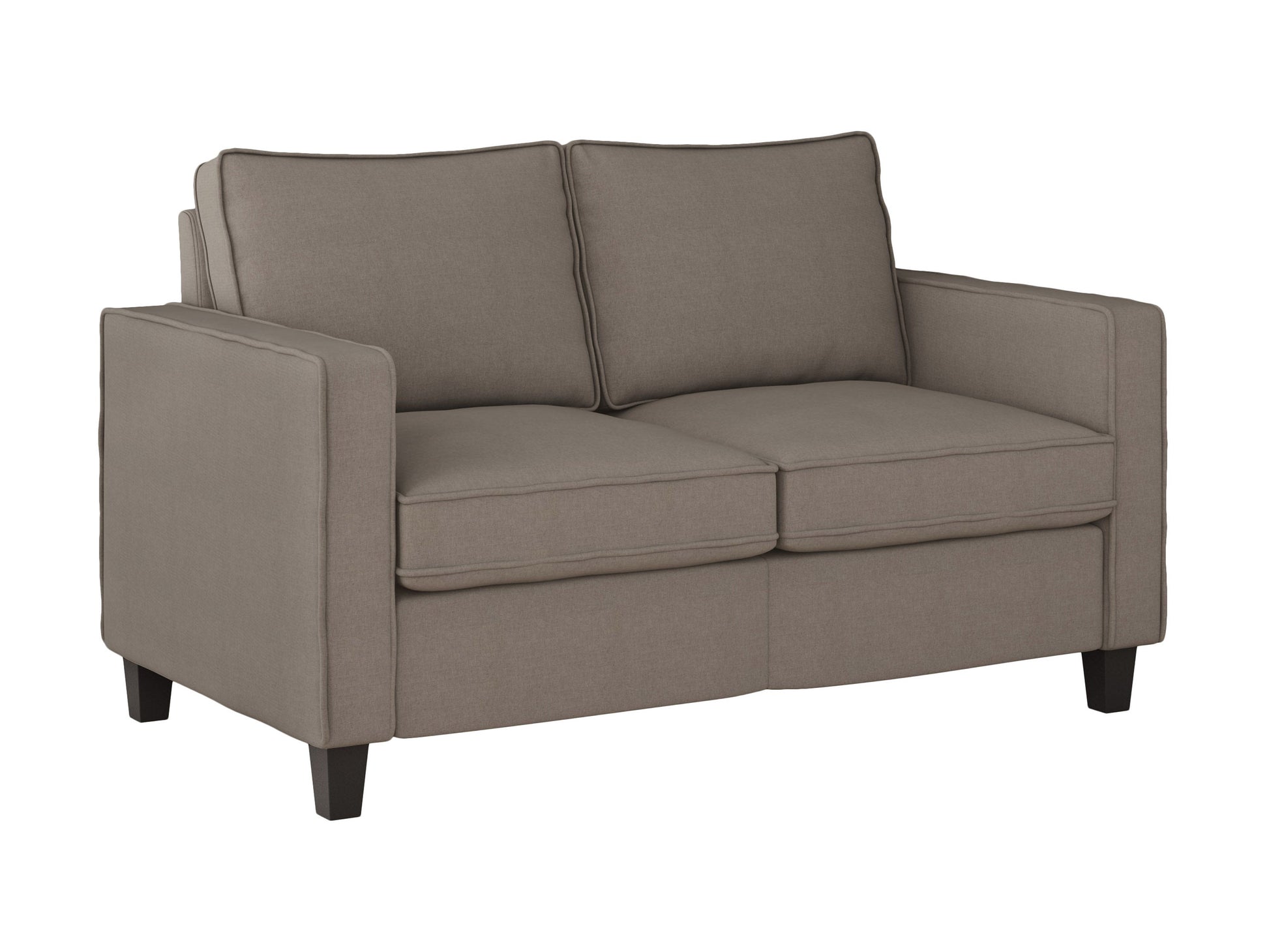 Taupe 2-seater loveseat with plush cushions, sleek wooden legs, and soft fabric upholstery; perfect for modern living rooms.