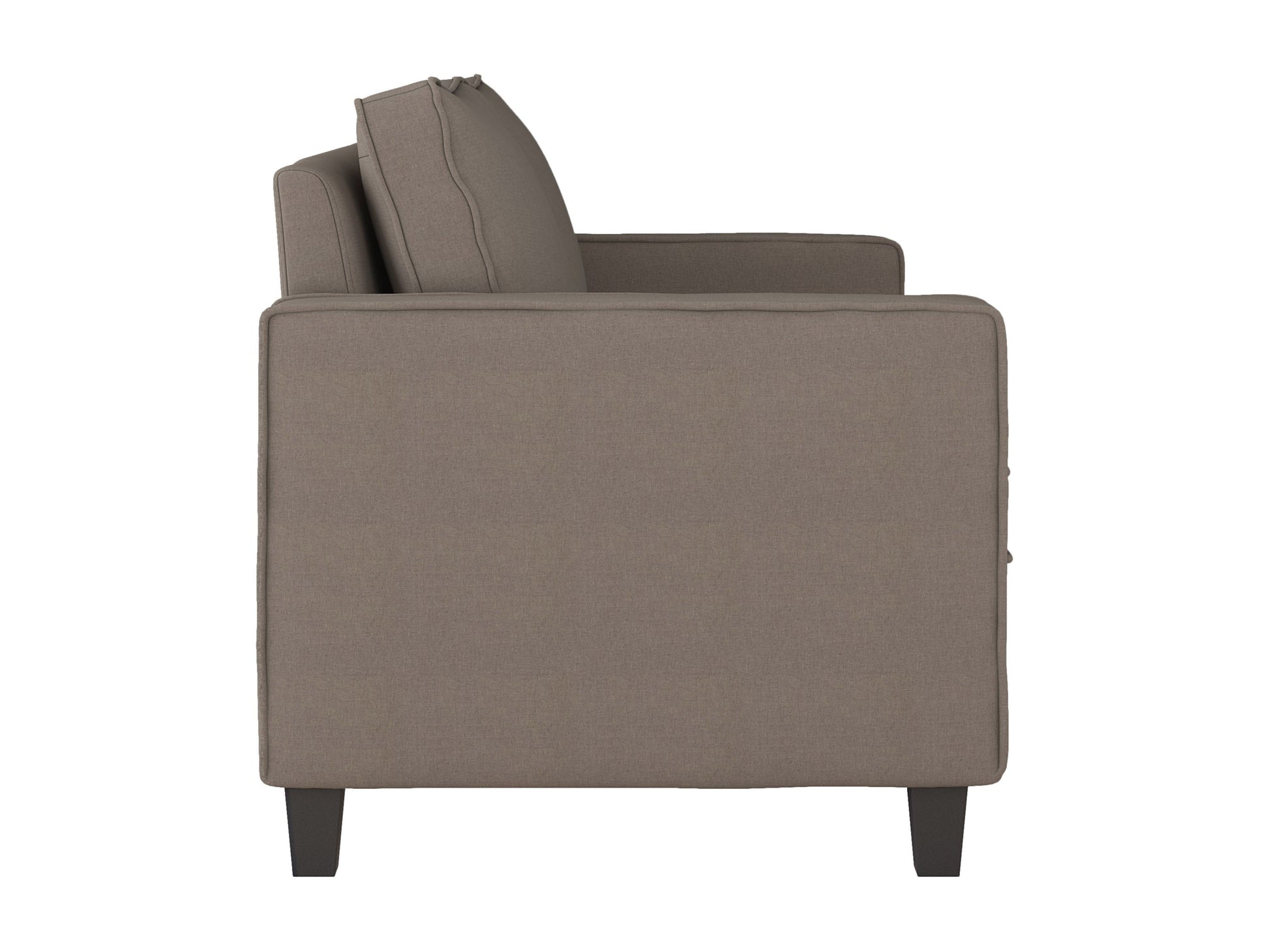 Taupe 2-seater loveseat with plush cushions, sleek wooden legs, and soft fabric upholstery; perfect for modern living rooms.
