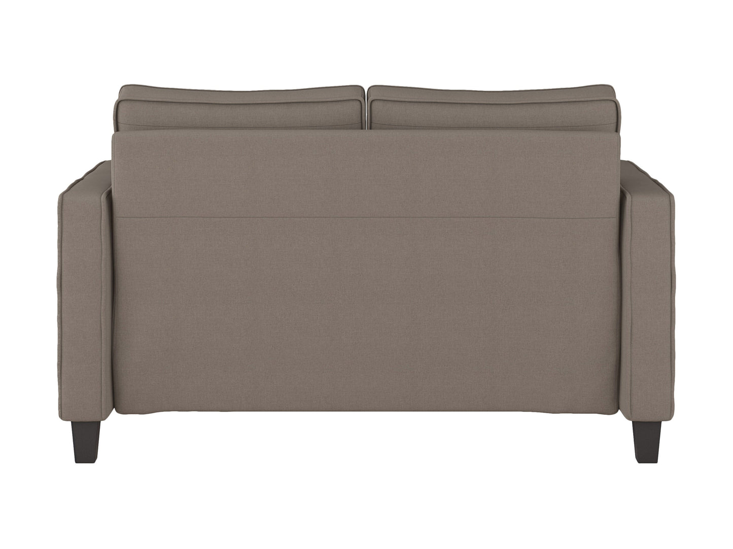 Taupe 2-seater loveseat with plush cushions, sleek wooden legs, and soft fabric upholstery; perfect for modern living rooms.