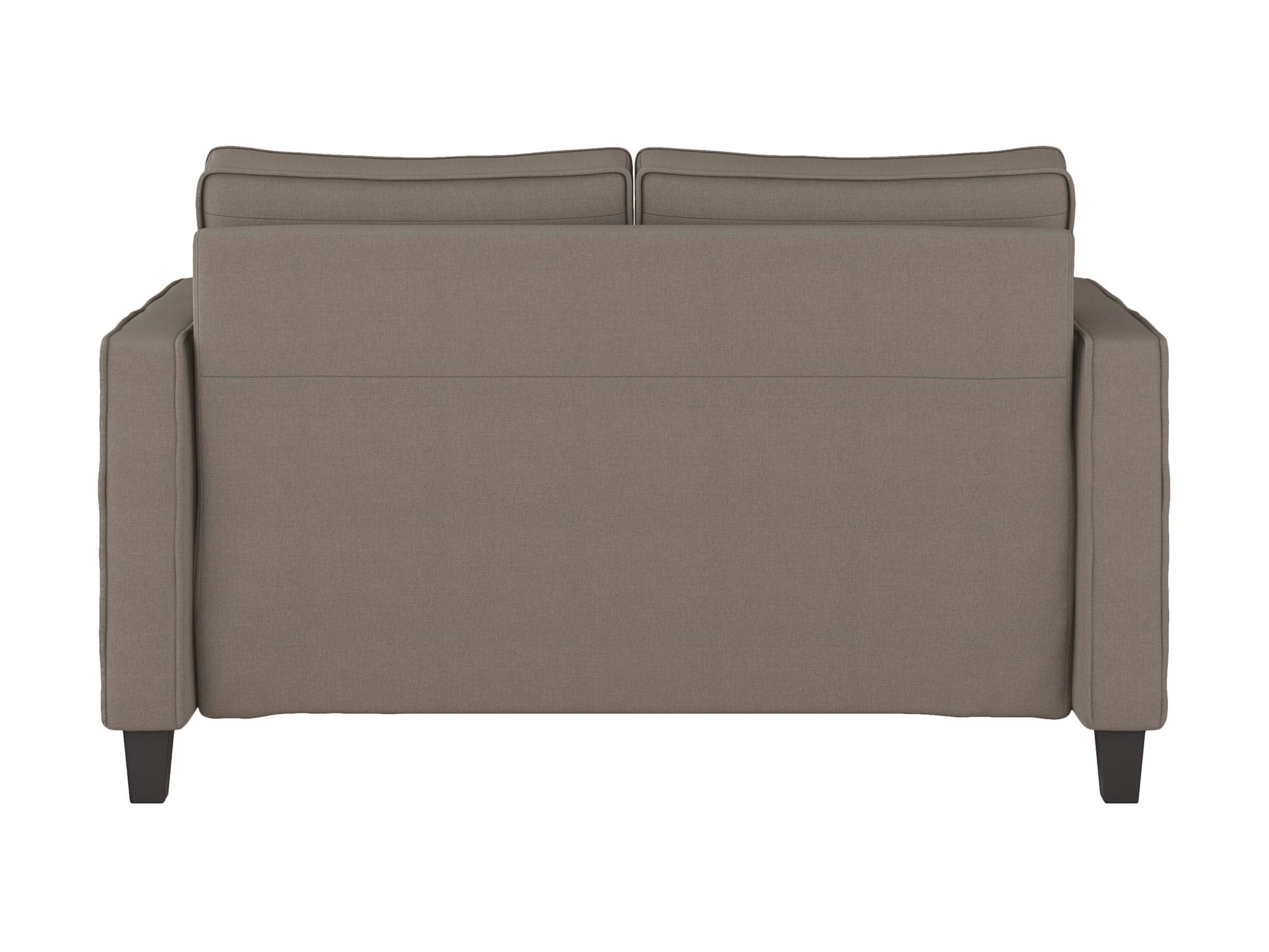 Taupe 2-seater loveseat with plush cushions, sleek wooden legs, and soft fabric upholstery; perfect for modern living rooms.