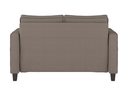 Taupe 2-seater loveseat with plush cushions, sleek wooden legs, and soft fabric upholstery; perfect for modern living rooms.