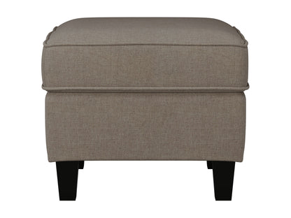Taupe fabric ottoman with soft, textured upholstery and sturdy wooden legs, perfect for living room or bedroom decor. Ideal for extra seating or as a stylish footrest.