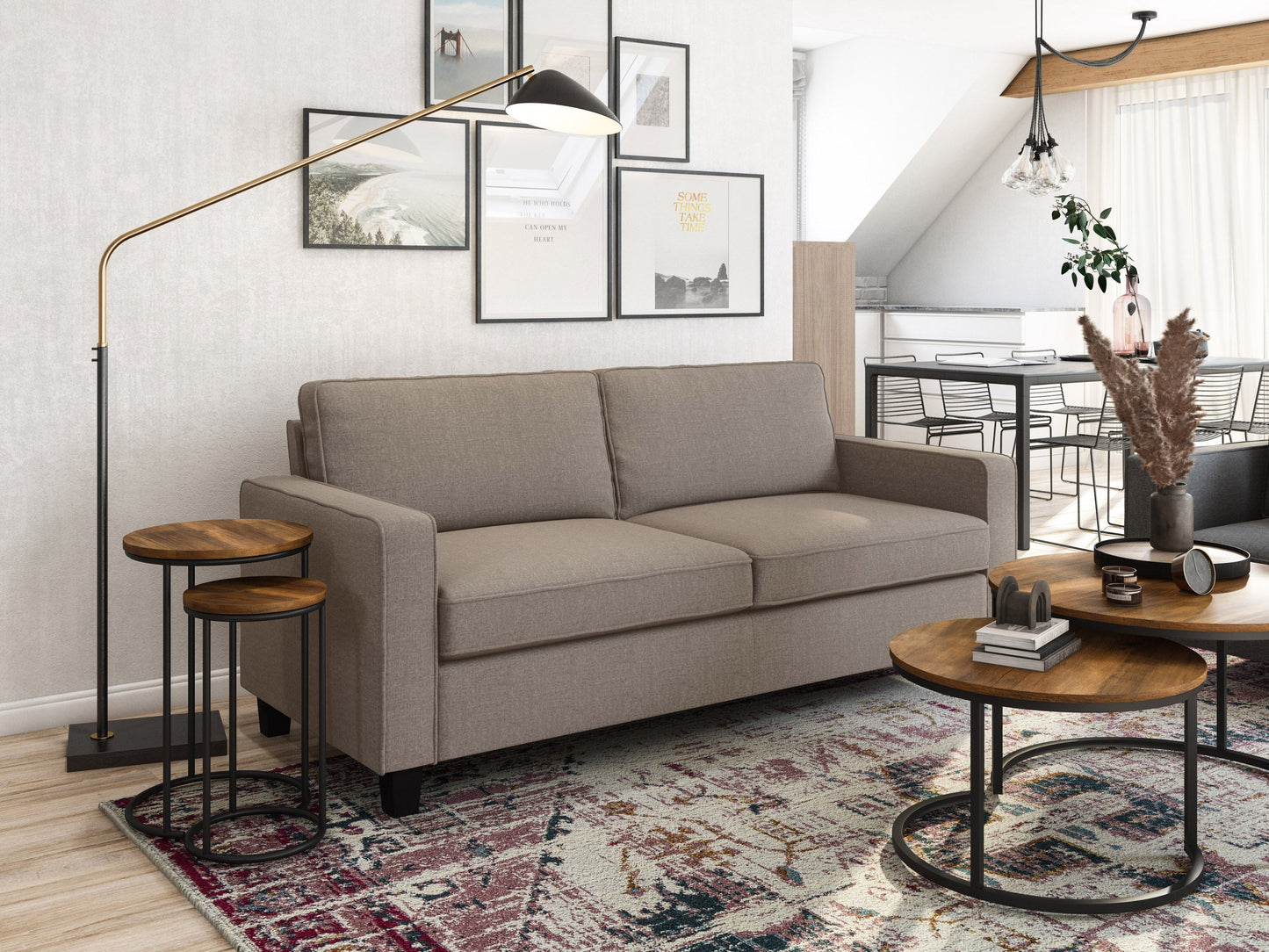Taupe 3-seater sofa with plush cushions, wooden legs, and soft fabric upholstery, ideal for modern living rooms, offering comfort and style.