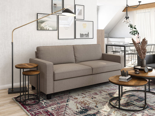 Taupe 3-seater sofa with plush cushions, wooden legs, and soft fabric upholstery, ideal for modern living rooms, offering comfort and style.