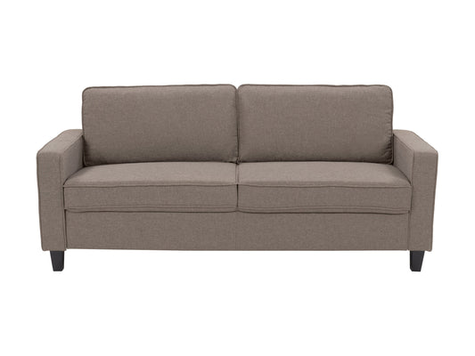 Taupe 3-seater sofa with plush cushions, wooden legs, and soft fabric upholstery, ideal for modern living rooms, offering comfort and style.