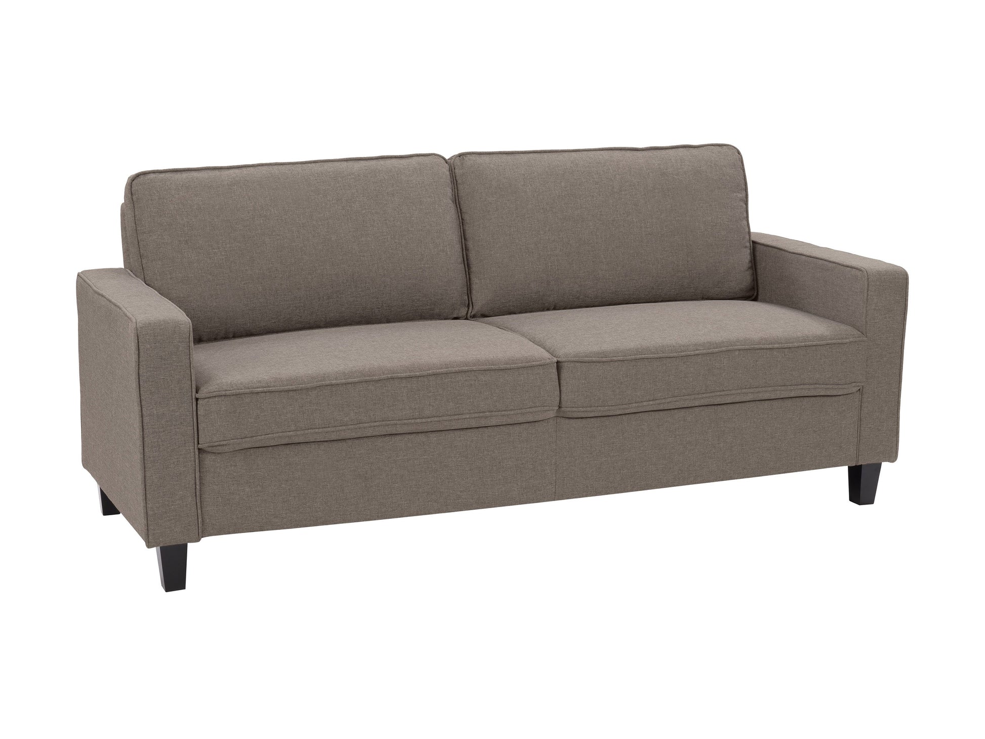Taupe 3-seater sofa with plush cushions, wooden legs, and soft fabric upholstery, ideal for modern living rooms, offering comfort and style.