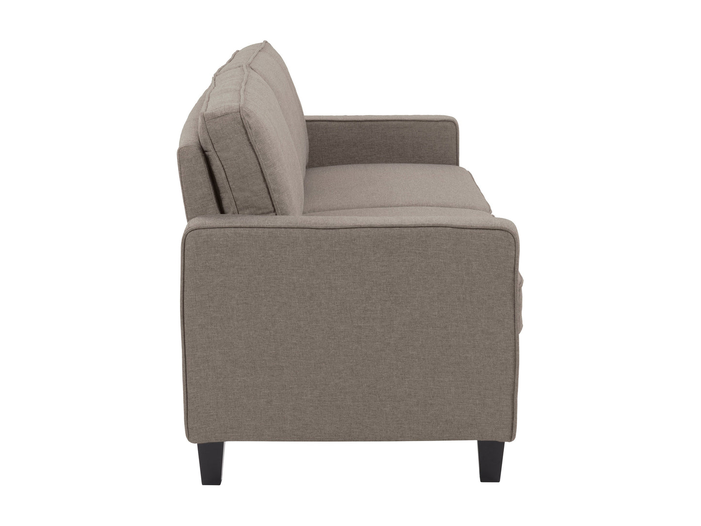 Taupe 3-seater sofa with plush cushions, wooden legs, and soft fabric upholstery, ideal for modern living rooms, offering comfort and style.