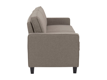 Taupe 3-seater sofa with plush cushions, wooden legs, and soft fabric upholstery, ideal for modern living rooms, offering comfort and style.