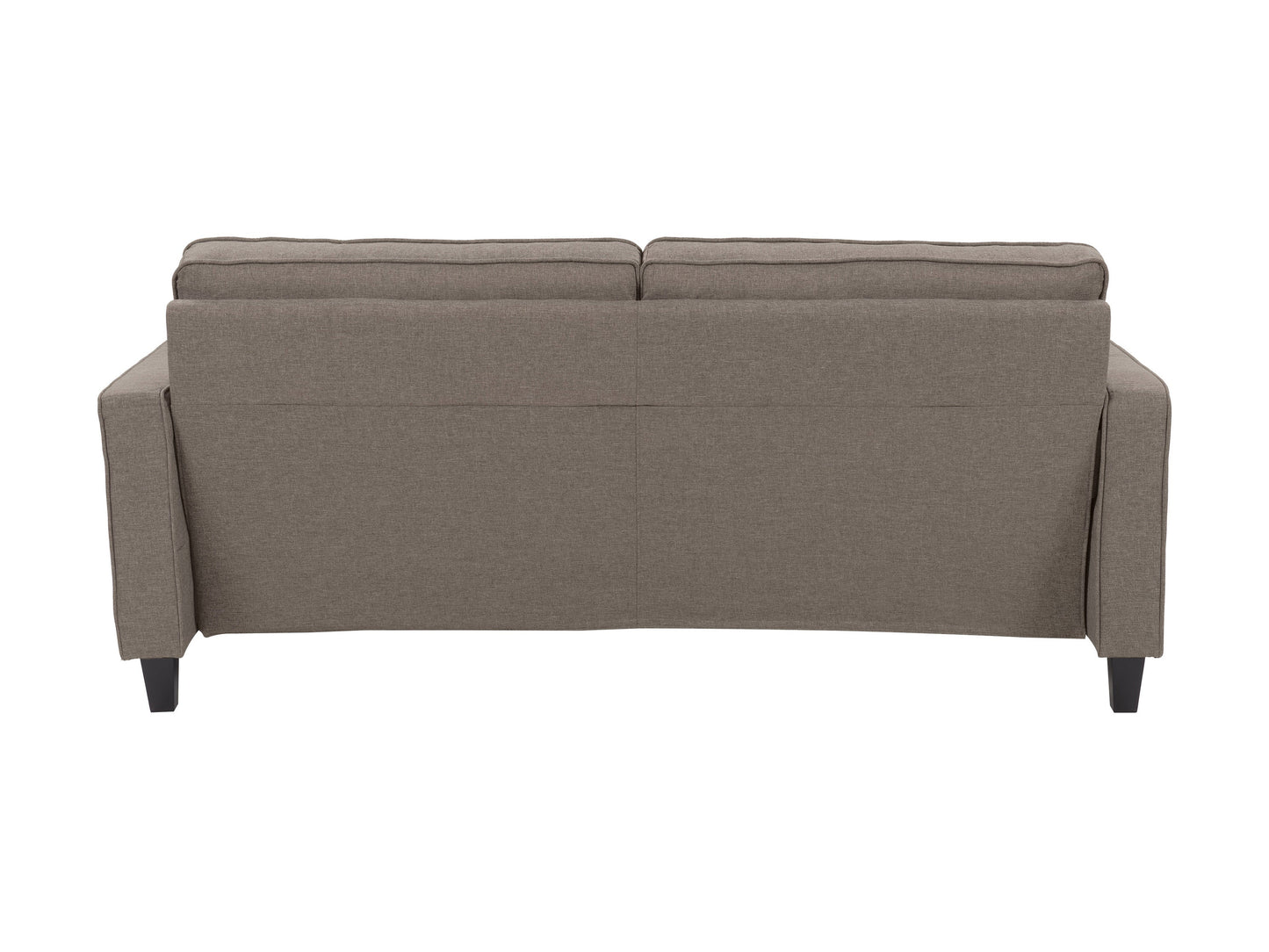 Taupe 3-seater sofa with plush cushions, wooden legs, and soft fabric upholstery, ideal for modern living rooms, offering comfort and style.