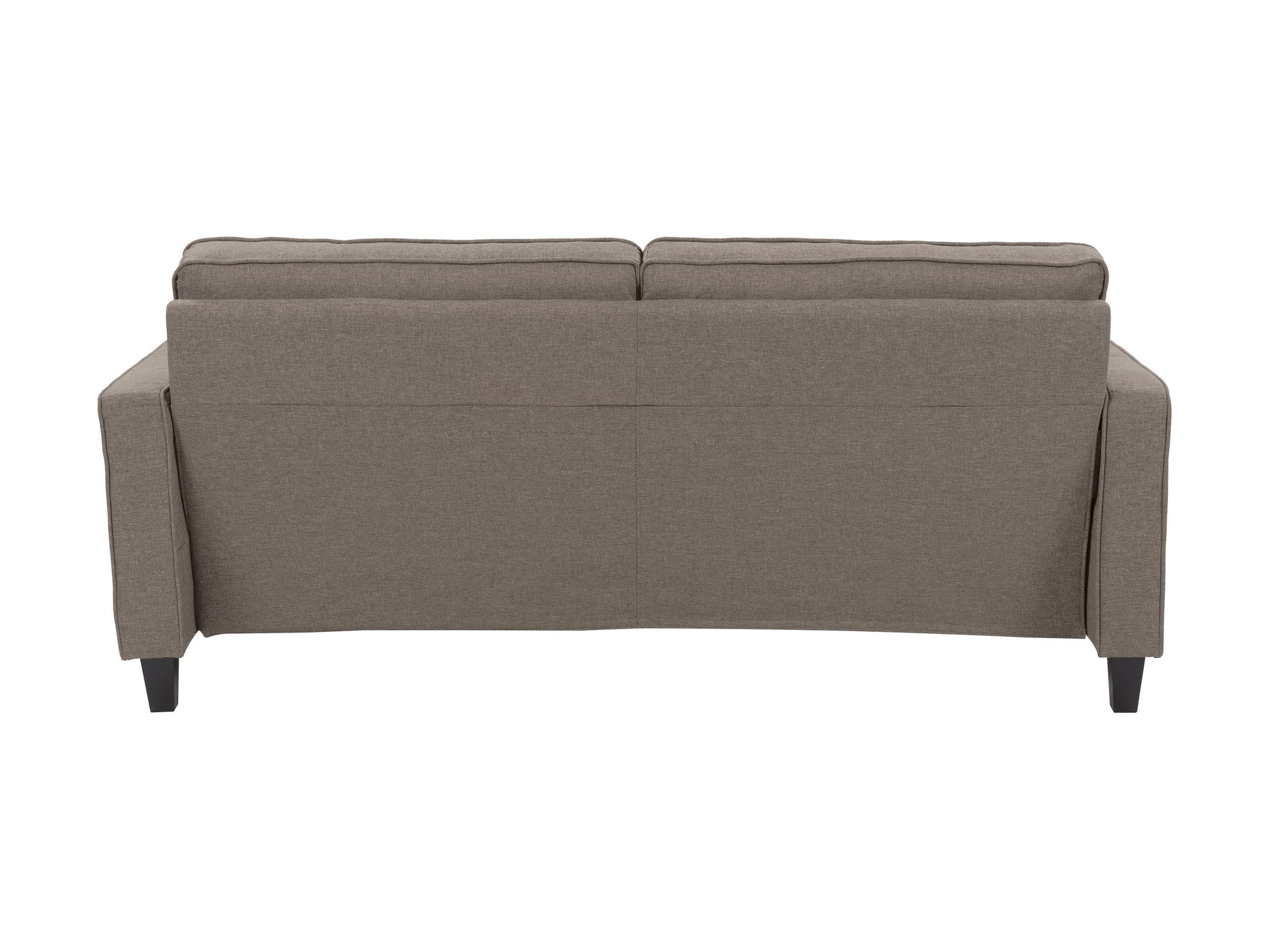 Taupe 3-seater sofa with plush cushions, wooden legs, and soft fabric upholstery, ideal for modern living rooms, offering comfort and style.