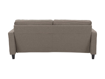 Taupe 3-seater sofa with plush cushions, wooden legs, and soft fabric upholstery, ideal for modern living rooms, offering comfort and style.