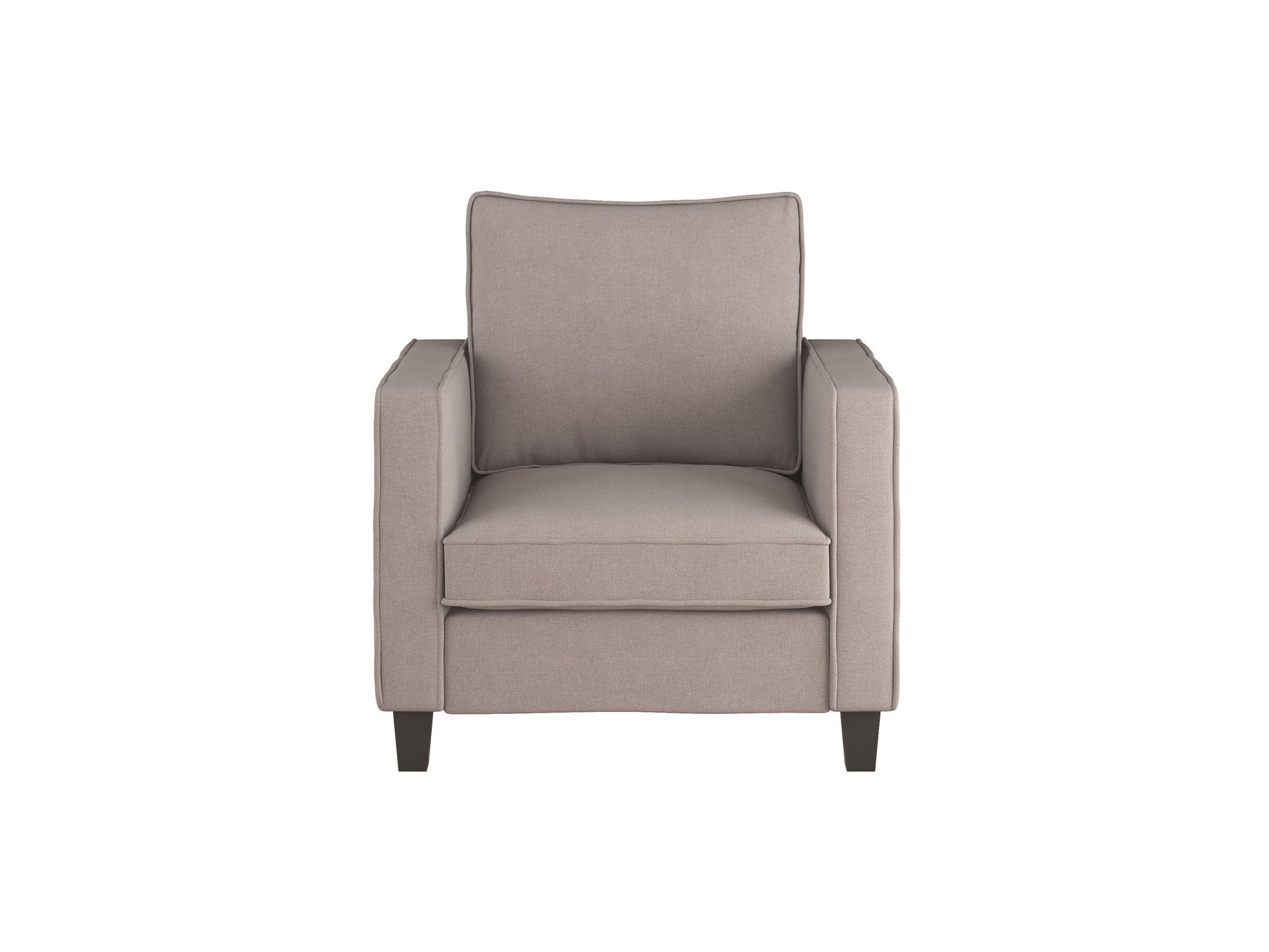 Taupe 2 seater loveseat and chair set with plush cushions, wooden legs, and modern design. Perfect for living rooms, offering comfort and style with durable fabric and neutral tones.