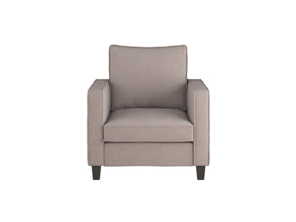 Taupe 2 seater loveseat and chair set with plush cushions, wooden legs, and modern design. Perfect for living rooms, offering comfort and style with durable fabric and neutral tones.