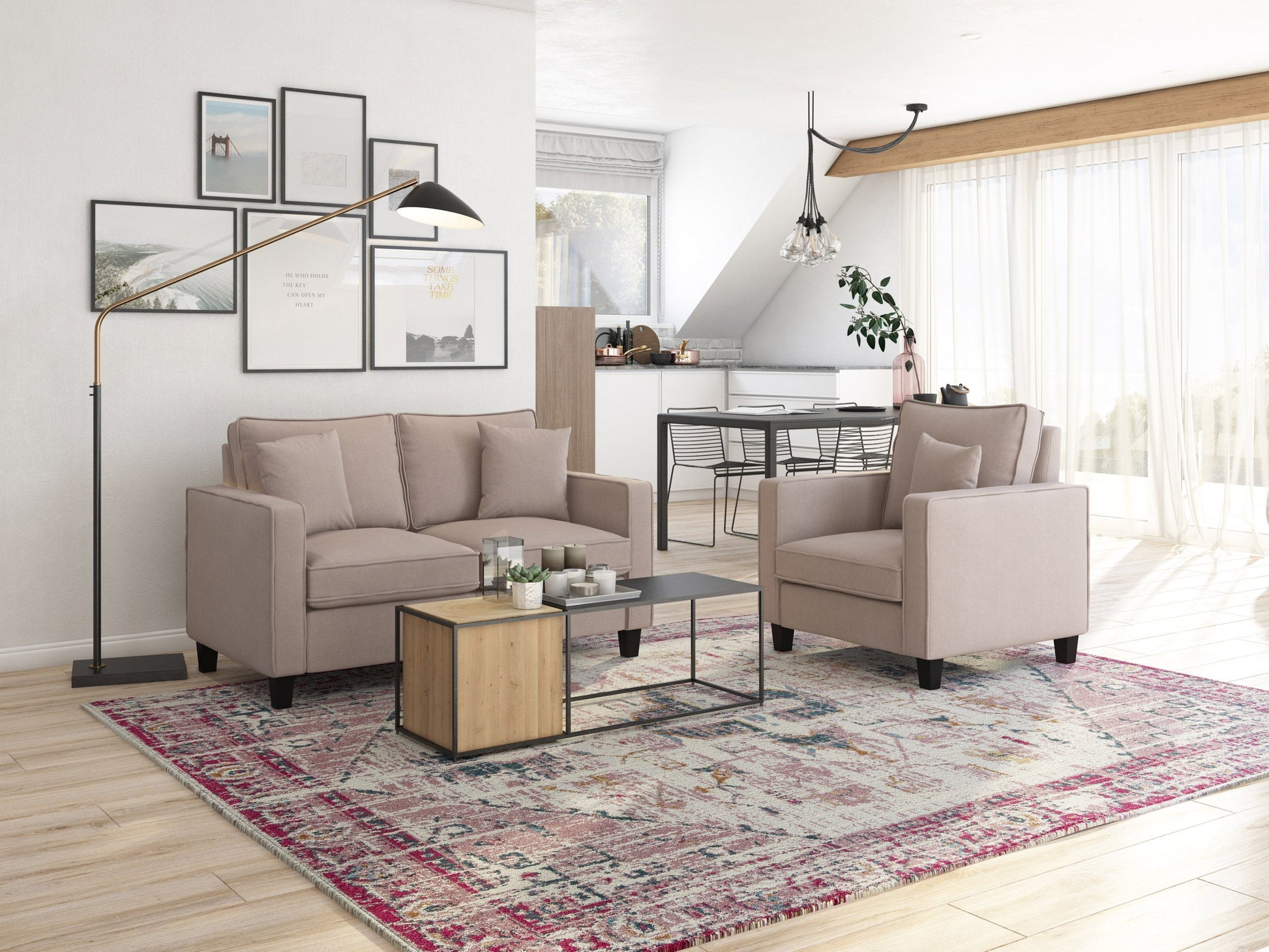 Taupe 2 seater loveseat and chair set with plush cushions, wooden legs, and modern design. Perfect for living rooms, offering comfort and style with durable fabric and neutral tones.