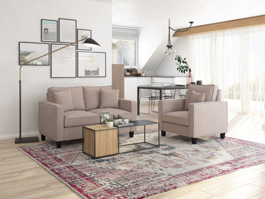 Taupe 2 seater loveseat and chair set with plush cushions, wooden legs, and modern design. Perfect for living rooms, offering comfort and style with durable fabric and neutral tones.