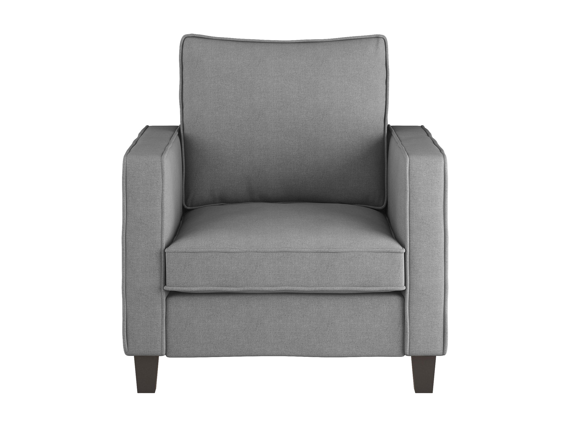 Light grey mid-century modern arm chair with wooden legs and armrests, featuring a cushioned seat and backrest with tufted upholstery. Ideal for living rooms or offices seeking stylish, comfortable seating.