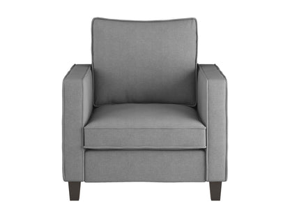 Light grey mid-century modern arm chair with wooden legs and armrests, featuring a cushioned seat and backrest with tufted upholstery. Ideal for living rooms or offices seeking stylish, comfortable seating.