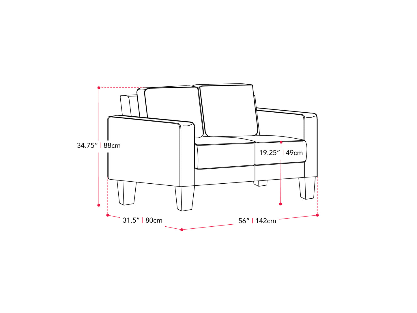 Modern 2-seater loveseat in grey fabric with plush cushions, wooden legs, and sleek armrests. Ideal for contemporary living rooms.