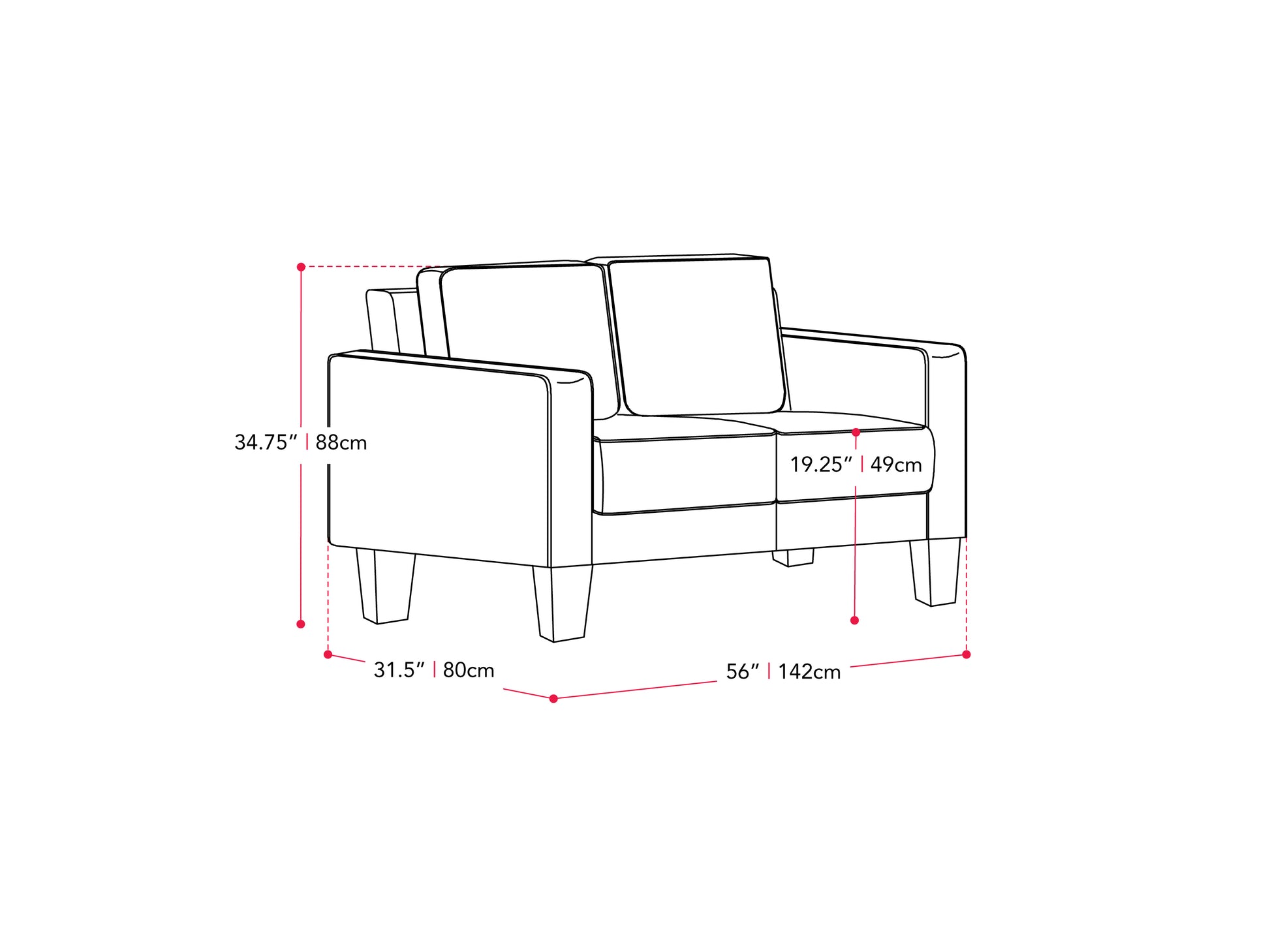 Modern 2-seater loveseat in grey fabric with plush cushions, wooden legs, and sleek armrests. Ideal for contemporary living rooms.