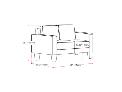Modern 2-seater loveseat in grey fabric with plush cushions, wooden legs, and sleek armrests. Ideal for contemporary living rooms.