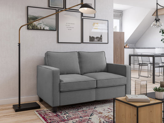 Modern 2-seater loveseat in grey fabric with plush cushions, wooden legs, and sleek armrests. Ideal for contemporary living rooms.
