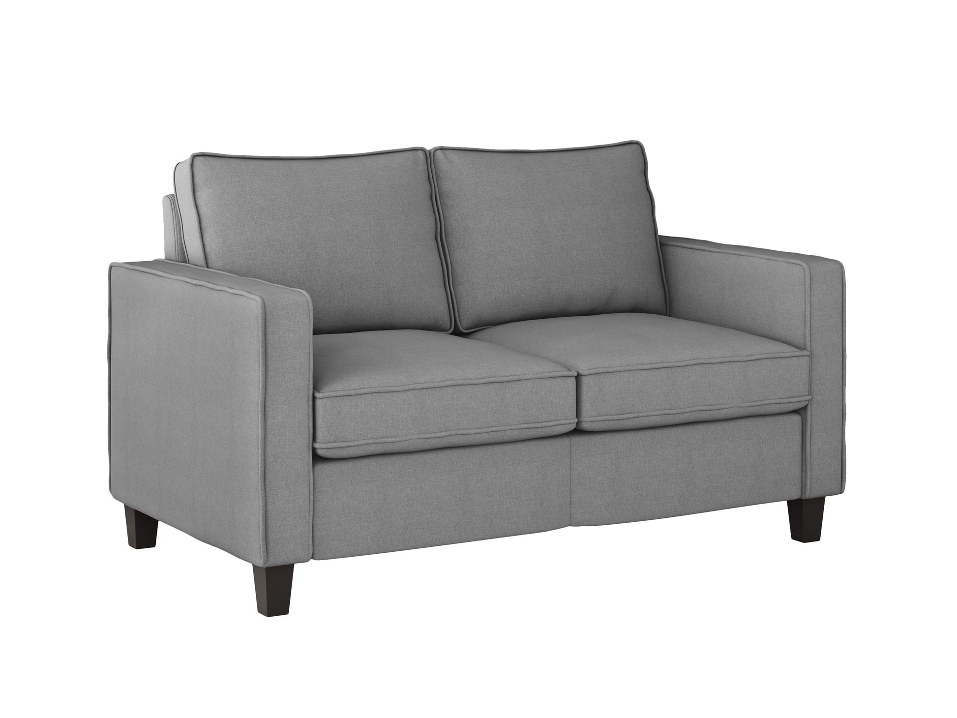 Modern 2-seater loveseat in grey fabric with plush cushions, wooden legs, and sleek armrests. Ideal for contemporary living rooms.