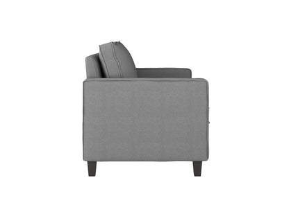 Modern 2-seater loveseat in grey fabric with plush cushions, wooden legs, and sleek armrests. Ideal for contemporary living rooms.