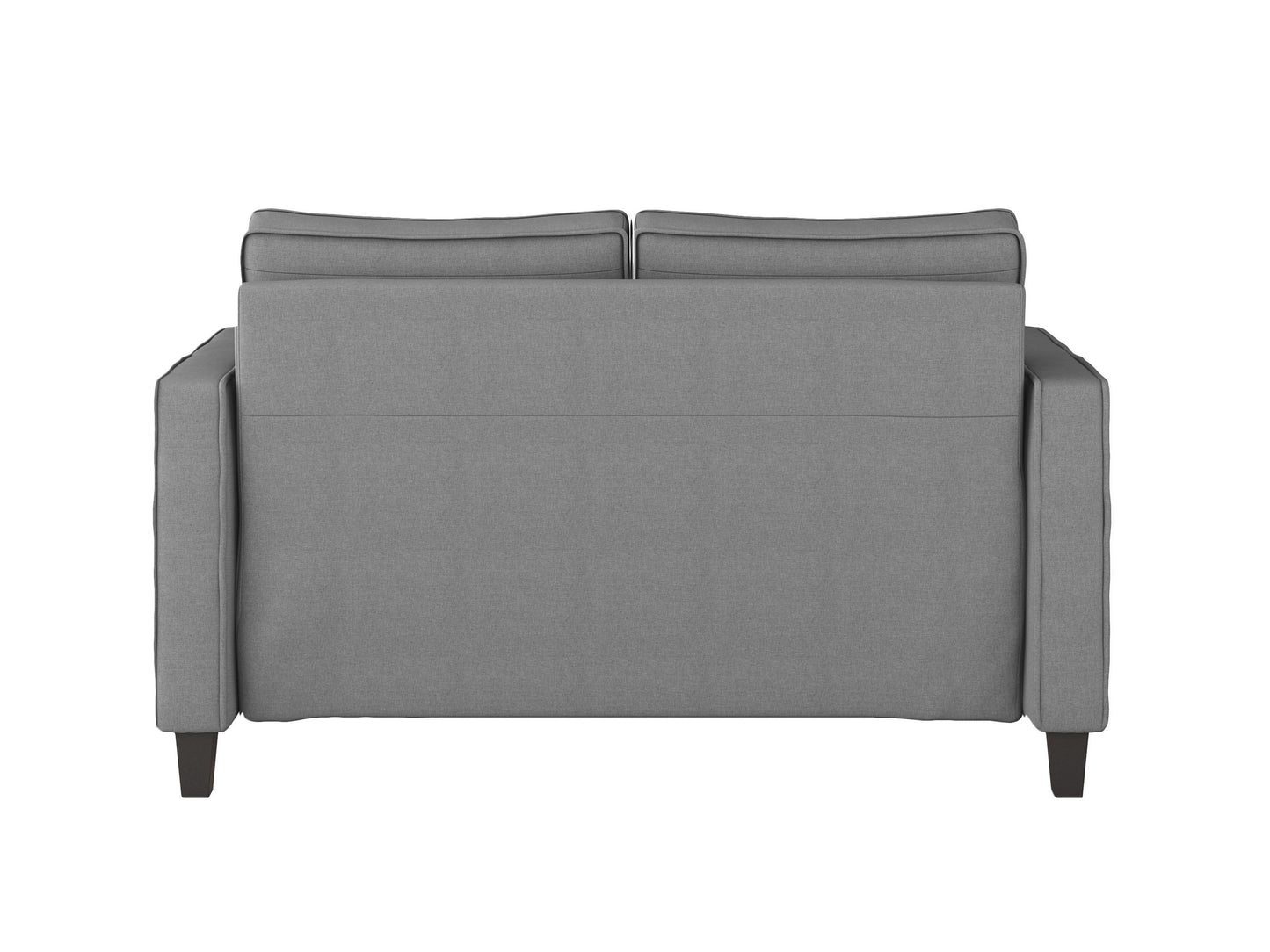 Modern 2-seater loveseat in grey fabric with plush cushions, wooden legs, and sleek armrests. Ideal for contemporary living rooms.