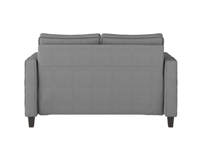 Modern 2-seater loveseat in grey fabric with plush cushions, wooden legs, and sleek armrests. Ideal for contemporary living rooms.