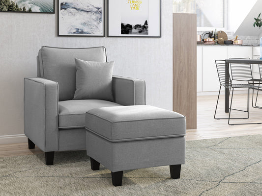 Light grey fabric ottoman with tufted top, wooden legs, and soft texture; ideal for living room seating or storage.