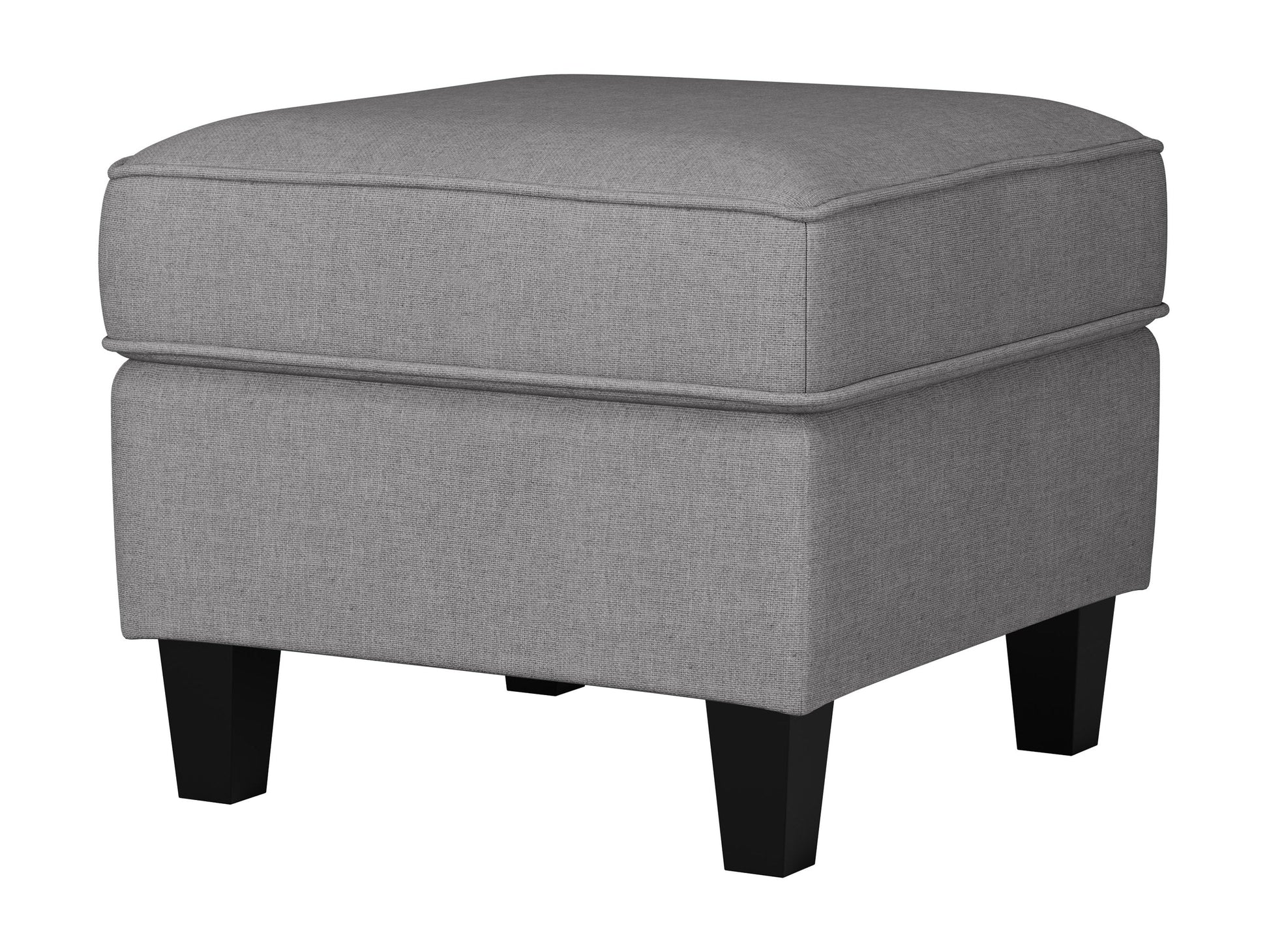 Light grey fabric ottoman with tufted top, wooden legs, and soft texture; ideal for living room seating or storage.