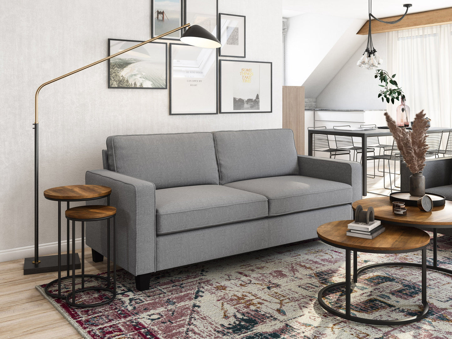Light grey 3-seater sofa with plush cushions, wooden legs, and soft fabric upholstery. Ideal for modern living rooms, this stylish couch offers comfort and elegance, perfect for family gatherings or relaxation.