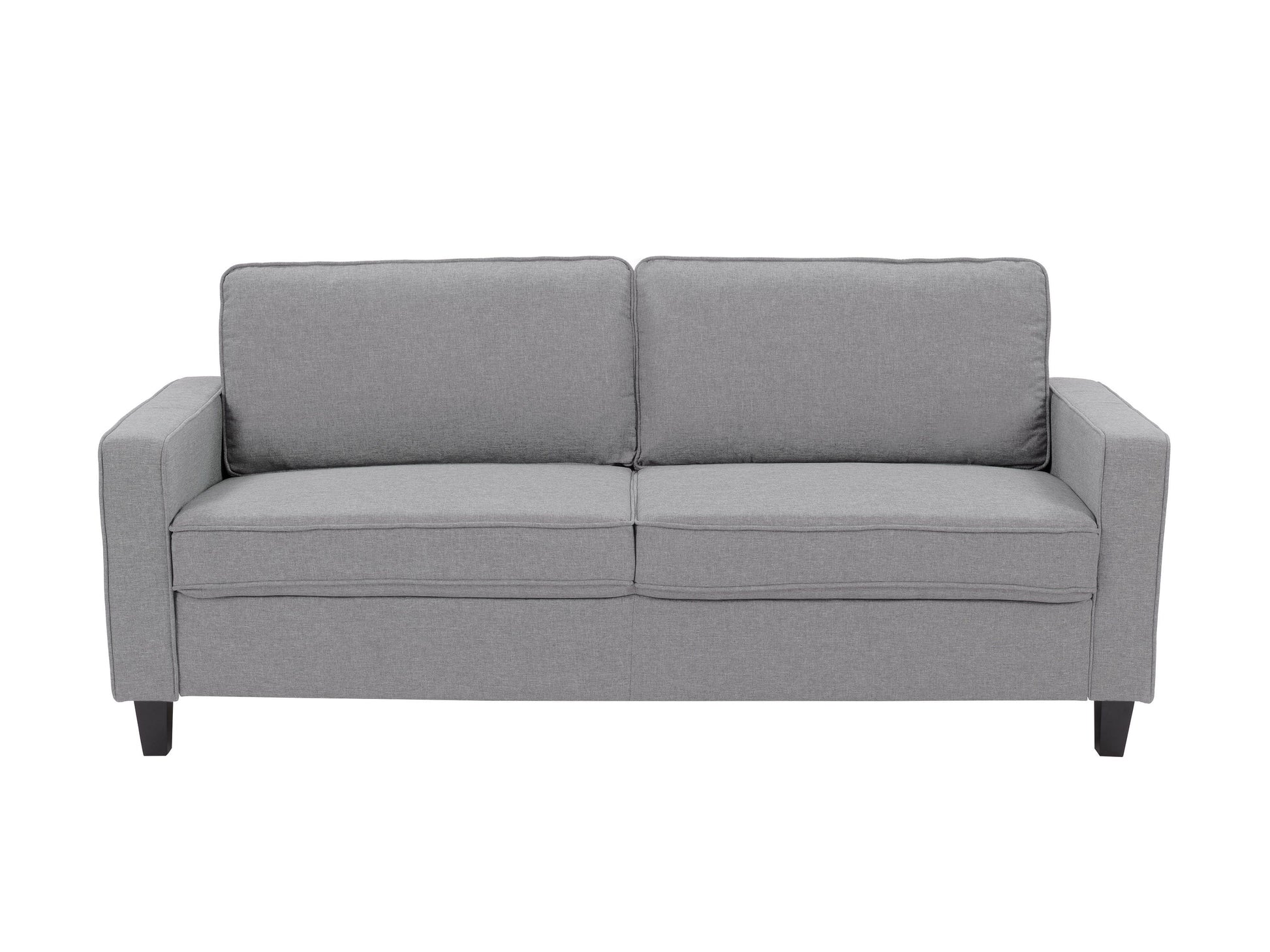 Light grey 3-seater sofa with plush cushions, wooden legs, and soft fabric upholstery. Ideal for modern living rooms, this stylish couch offers comfort and elegance, perfect for family gatherings or relaxation.