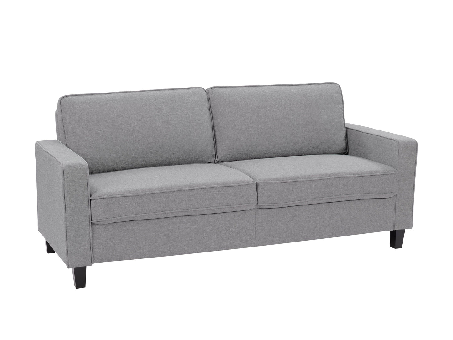 Light grey 3-seater sofa with plush cushions, wooden legs, and soft fabric upholstery. Ideal for modern living rooms, this stylish couch offers comfort and elegance, perfect for family gatherings or relaxation.