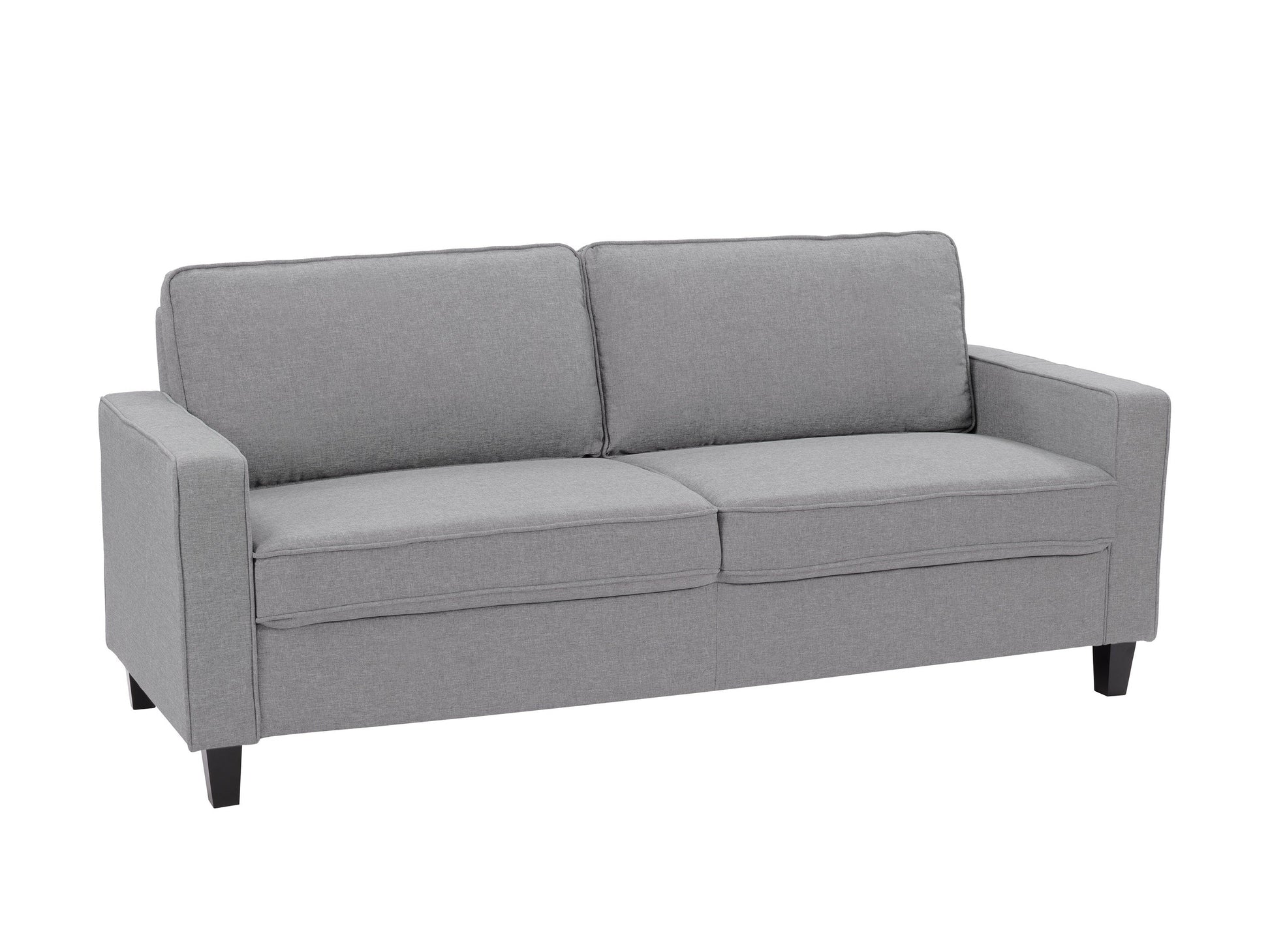 Light grey 3-seater sofa with plush cushions, wooden legs, and soft fabric upholstery. Ideal for modern living rooms, this stylish couch offers comfort and elegance, perfect for family gatherings or relaxation.
