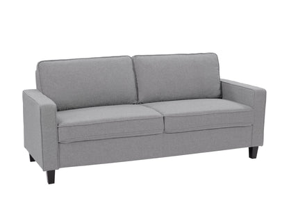 Light grey 3-seater sofa with plush cushions, wooden legs, and soft fabric upholstery. Ideal for modern living rooms, this stylish couch offers comfort and elegance, perfect for family gatherings or relaxation.
