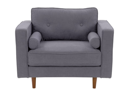 Grey mid-century modern arm chair with wooden legs, upholstered in soft fabric, featuring a tufted backrest and sleek armrests, perfect for living room or office decor.