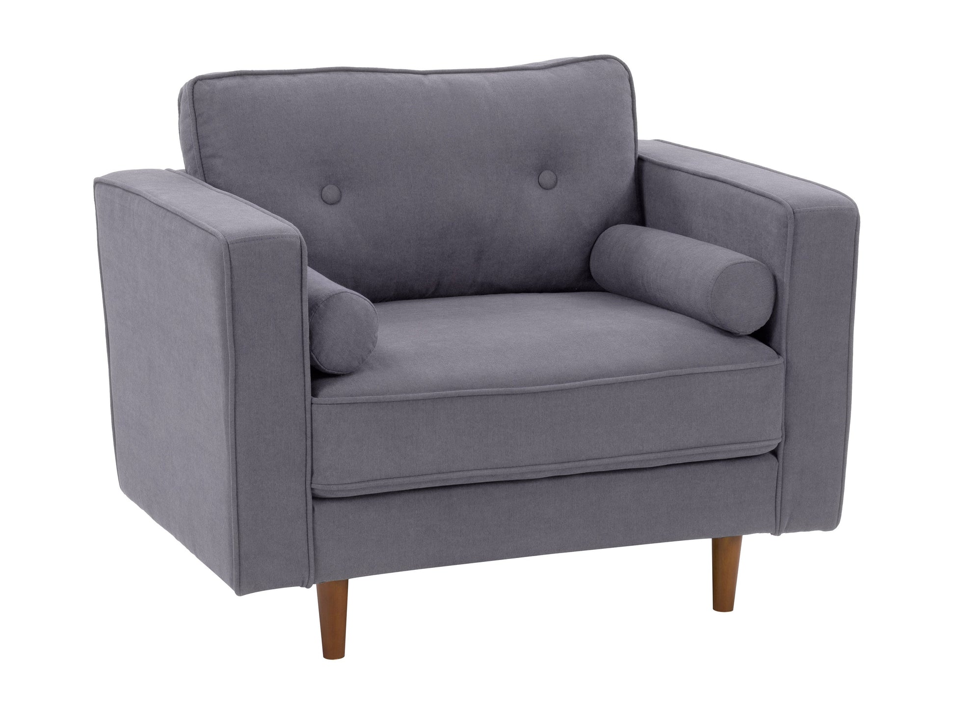 Grey mid-century modern arm chair with wooden legs, upholstered in soft fabric, featuring a tufted backrest and sleek armrests, perfect for living room or office decor.