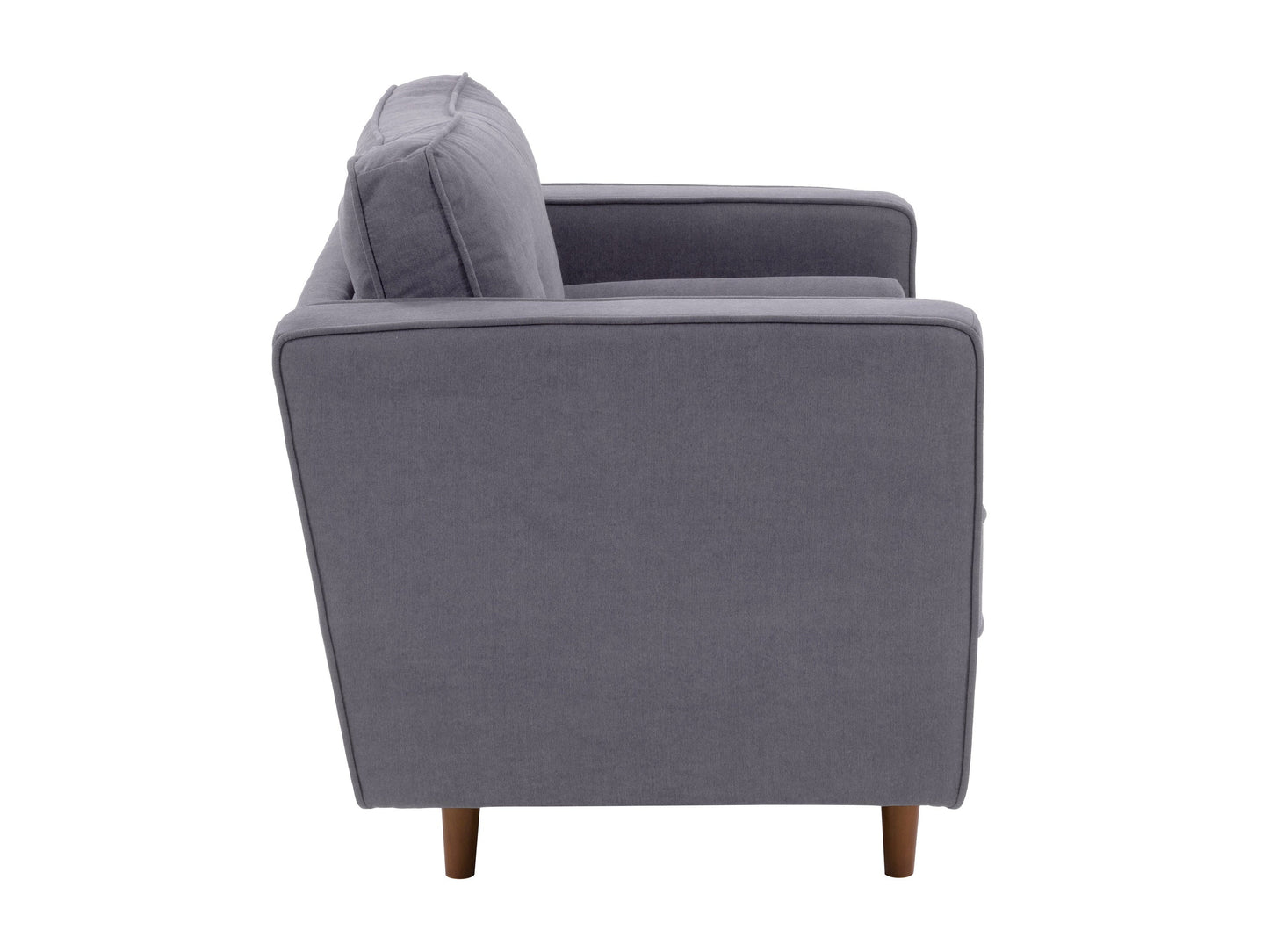 Grey mid-century modern arm chair with wooden legs, upholstered in soft fabric, featuring a tufted backrest and sleek armrests, perfect for living room or office decor.