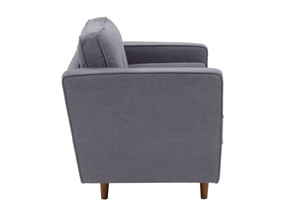 Grey mid-century modern arm chair with wooden legs, upholstered in soft fabric, featuring a tufted backrest and sleek armrests, perfect for living room or office decor.