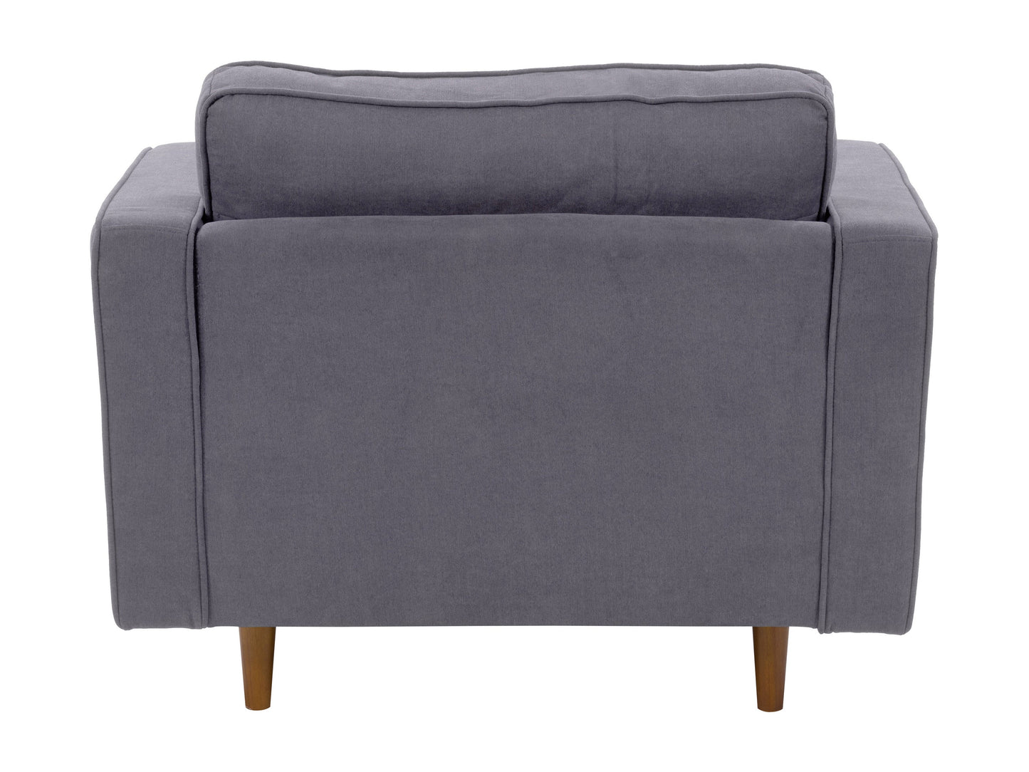Grey mid-century modern arm chair with wooden legs, upholstered in soft fabric, featuring a tufted backrest and sleek armrests, perfect for living room or office decor.