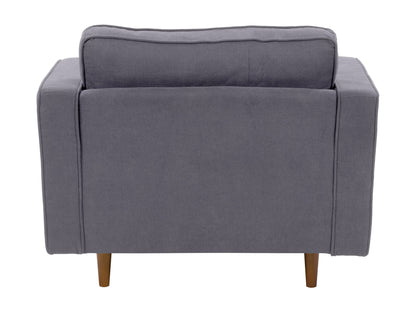 Grey mid-century modern arm chair with wooden legs, upholstered in soft fabric, featuring a tufted backrest and sleek armrests, perfect for living room or office decor.