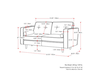 Grey two-seater loveseat sofa with plush cushions, soft fabric upholstery, and modern wooden legs, perfect for small living rooms or apartments.