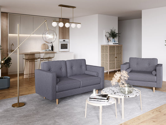 Grey two-seater loveseat sofa with plush cushions, soft fabric upholstery, and modern wooden legs, perfect for small living rooms or apartments.