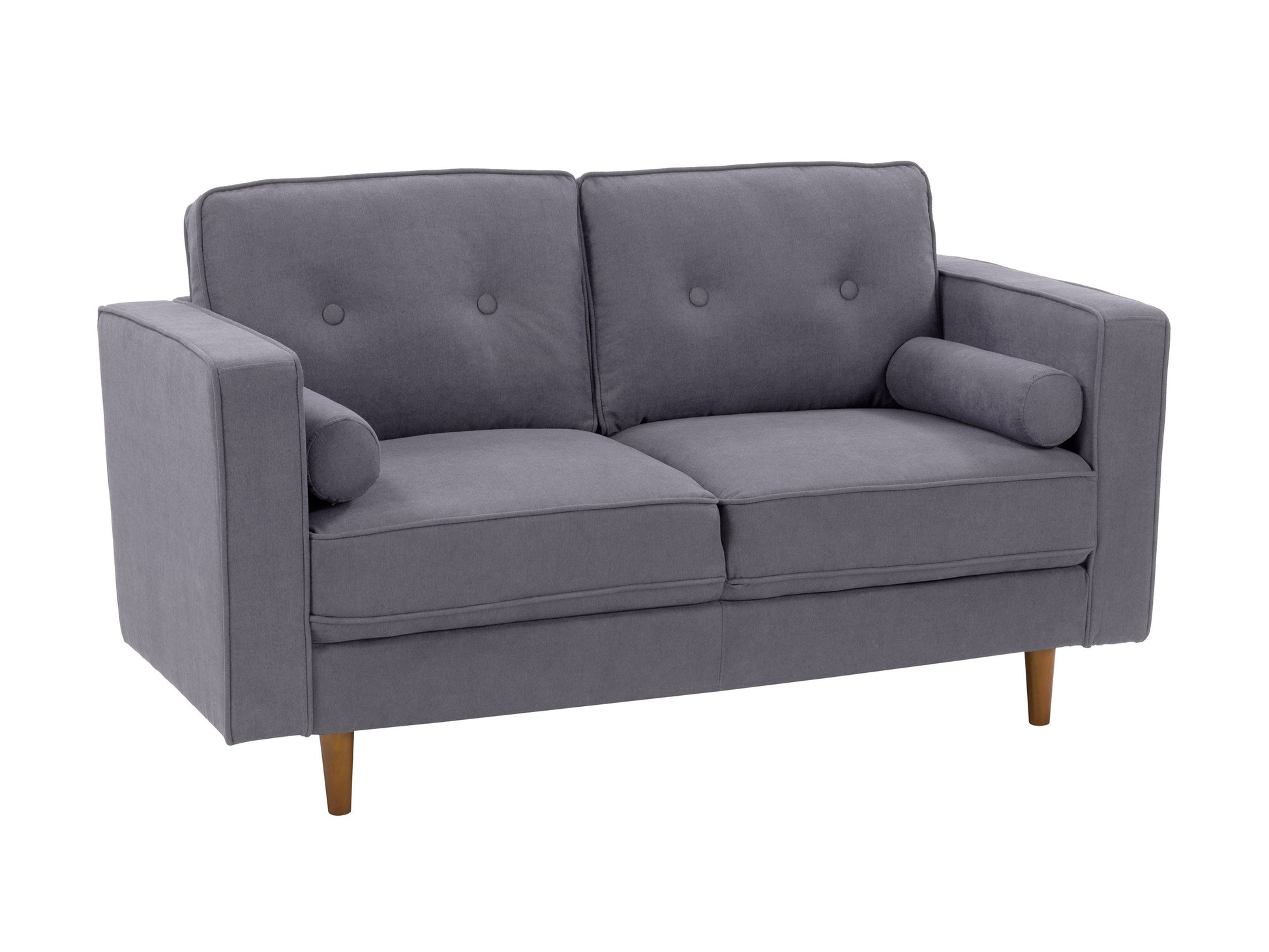 Grey two-seater loveseat sofa with plush cushions, soft fabric upholstery, and modern wooden legs, perfect for small living rooms or apartments.